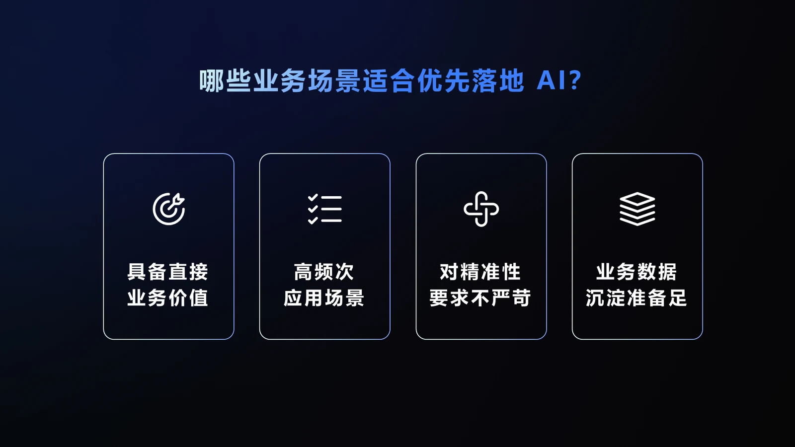 场景筛选的四个标准:具备直接业务价值、高频次、对精准性要求不严苛、业务数据沉淀足